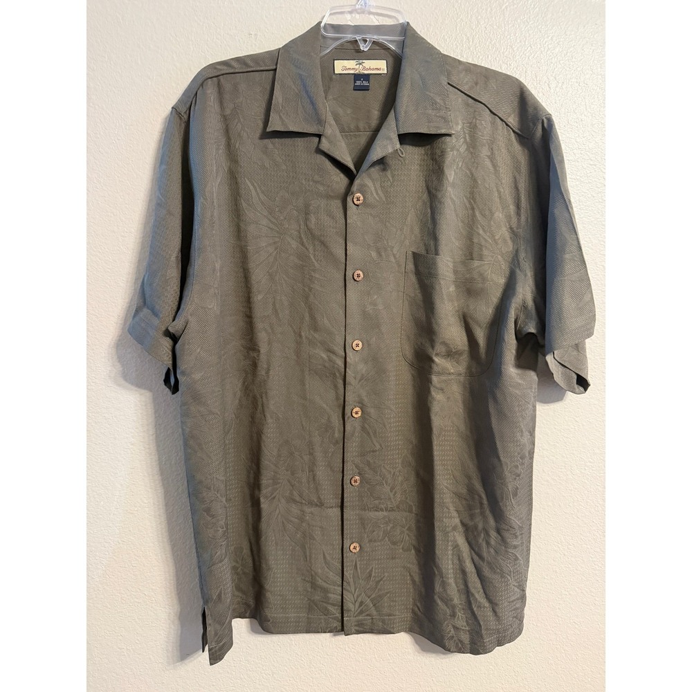 Tommy Bahama Mens Silk Tropical Jacquard Button Down Camp Shirt Olive Green